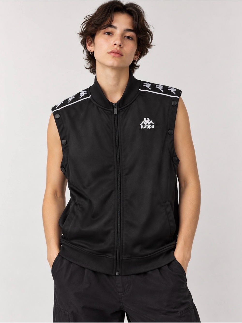 Gender neutral Kappa Black Sleeveless Zip-Up Track Vest with Logo